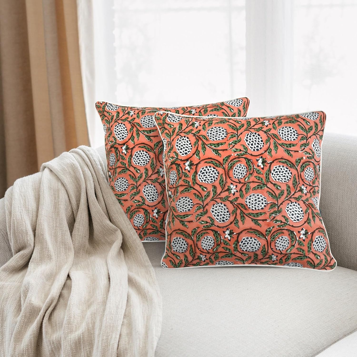 Ridhi Block Print Dark Salmon Pink Pillow Cover 20" x 20" (Pack of 2) Decorative Couch Pillows for Living Room, Chic Boho Cute Outdoor Pill…