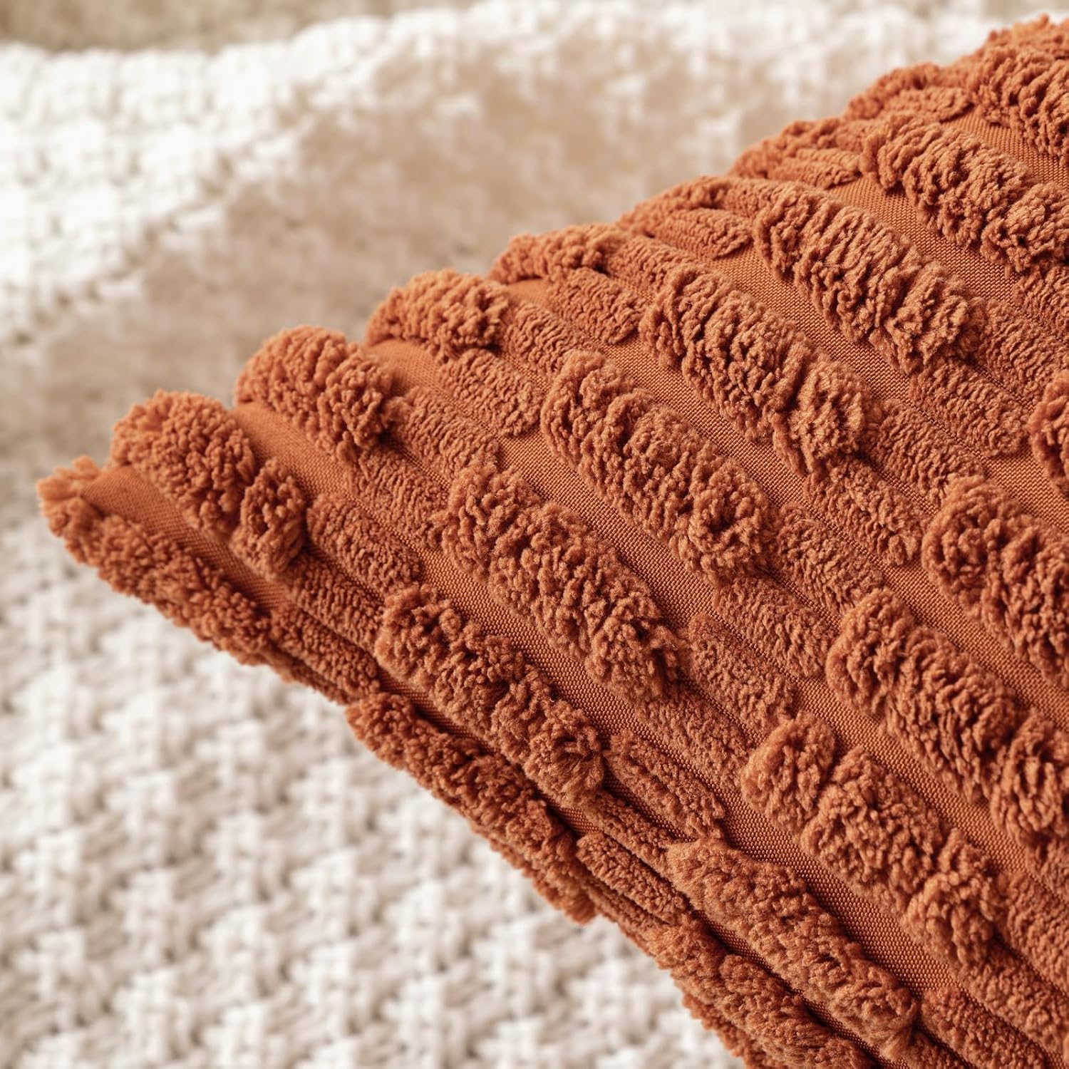 Miulee Pack of 2 Dark Rust Corduroy Decorative Pillow Covers 20x20 Inch Soft Boho Striped Throw Pillow Covers Modern Farmhouse Home Decor f…