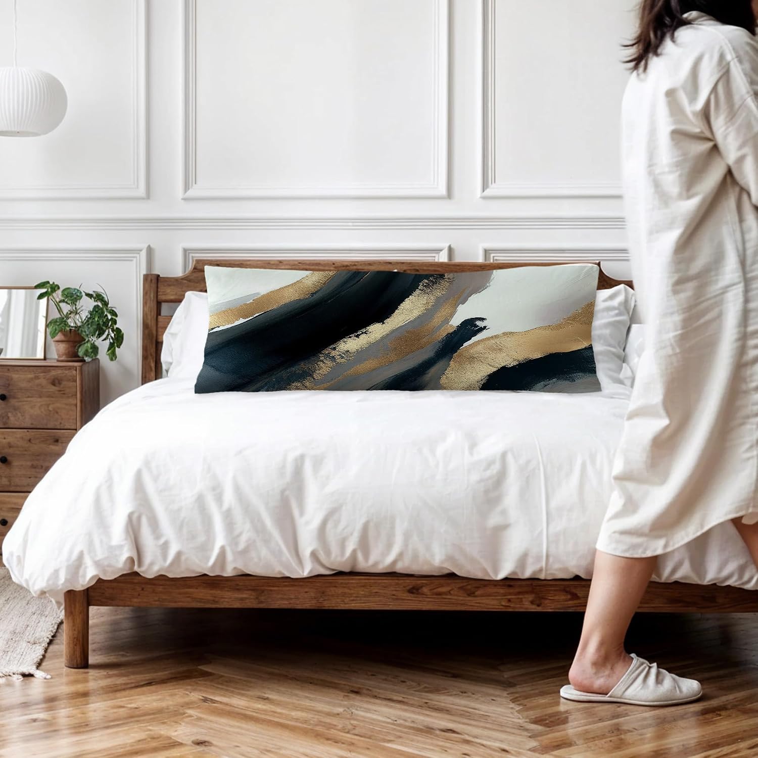 Black and Gold Abstract Body Pillow Covers 20x54, Mid Century Modern Black Gold and White Long Body Pillow Case Cover with Hidden Zipper…
