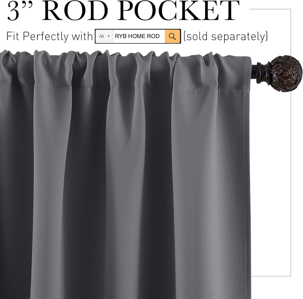 RYB HOME Grey Curtains Extra Long, Thermal Insulated Curtain Panels for Kitchen, Rod Pocket Room Darkening Privacy Large Window Drapes…