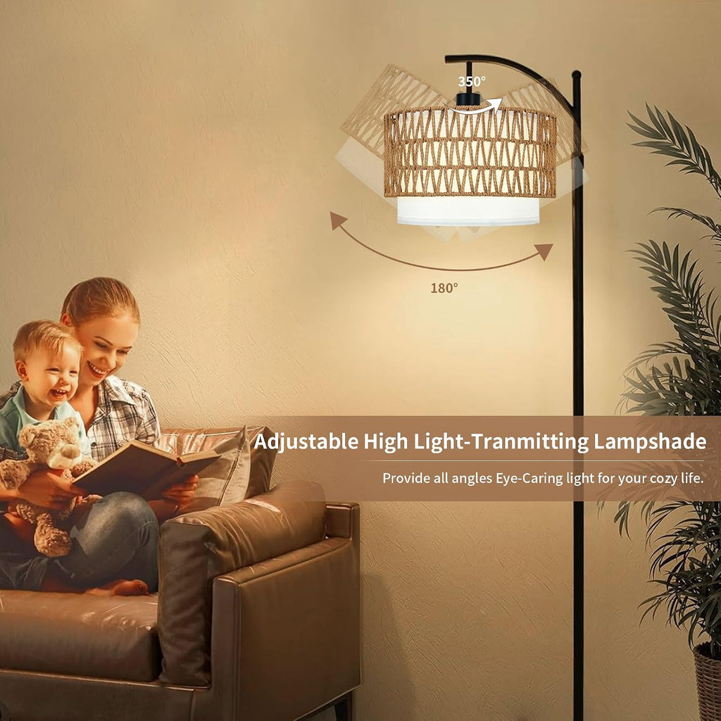 ZECOXOL Arc Floor Lamp for Living Room Boho Floor Lamps with Remote Control & with 3 Color Temperatures, Rattan Wicker Standing Lamp…