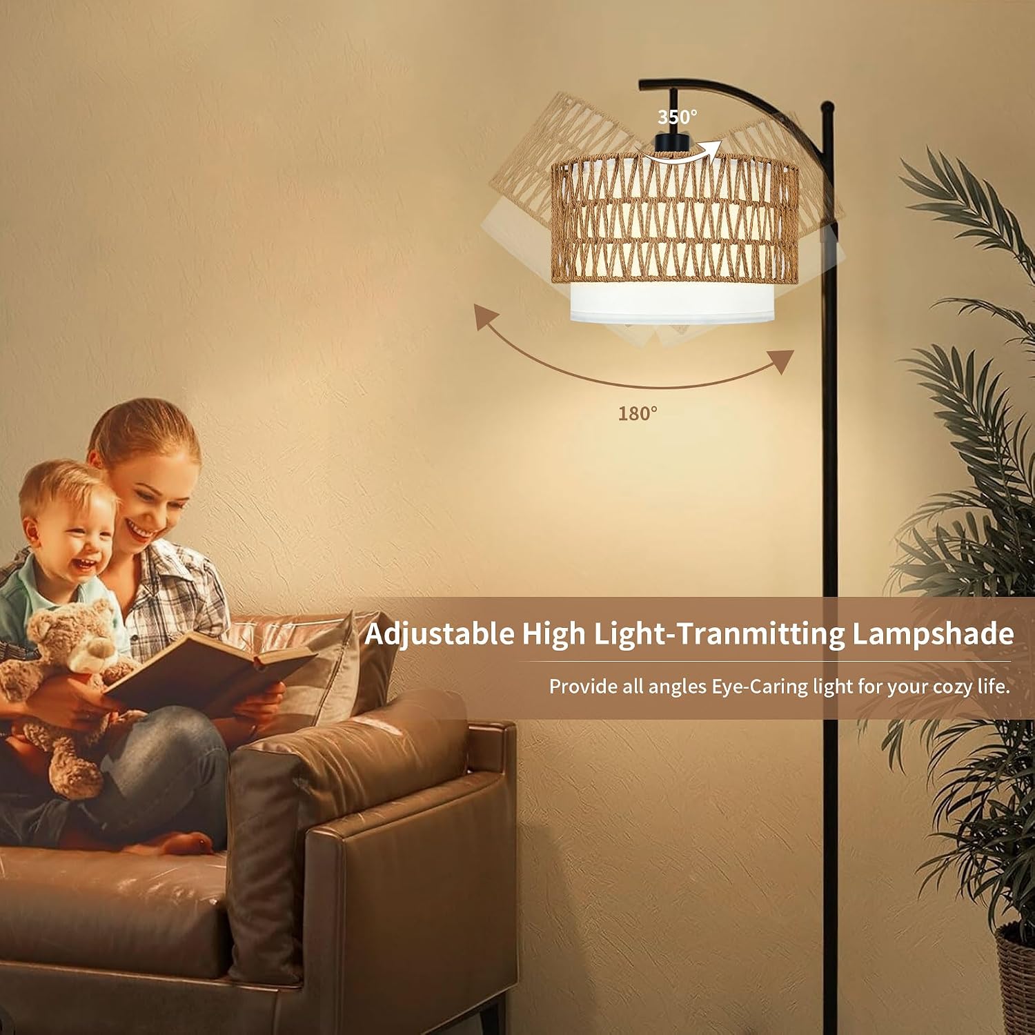 ZECOXOL Arc Floor Lamp for Living Room Boho Floor Lamps with Remote Control & with 3 Color Temperatures, Rattan Wicker Standing Lamp…