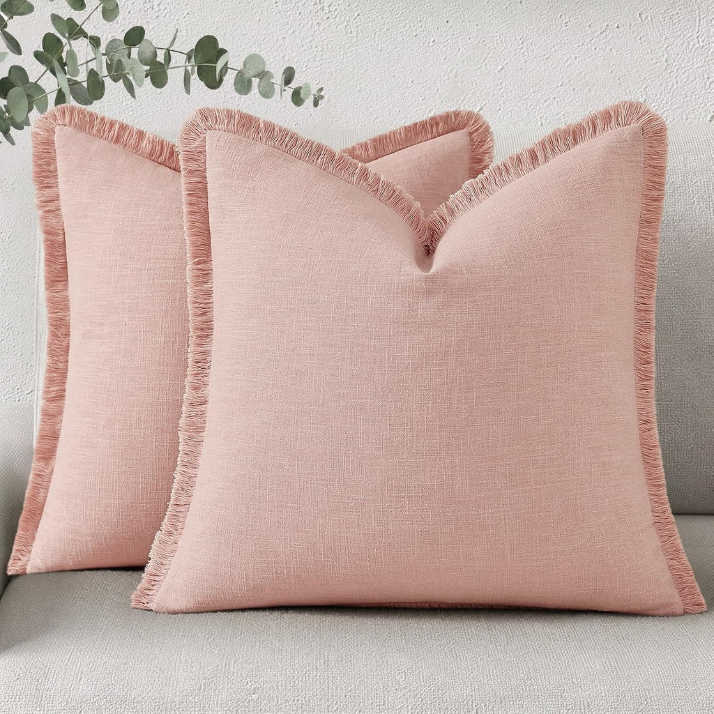 decorUhome Summer Decorative Neutral Linen Fringe Euro Sham Throw Pillow Covers Set of 2 Pink Pillow Covers with Tassels Soft Farmhouse Boh…