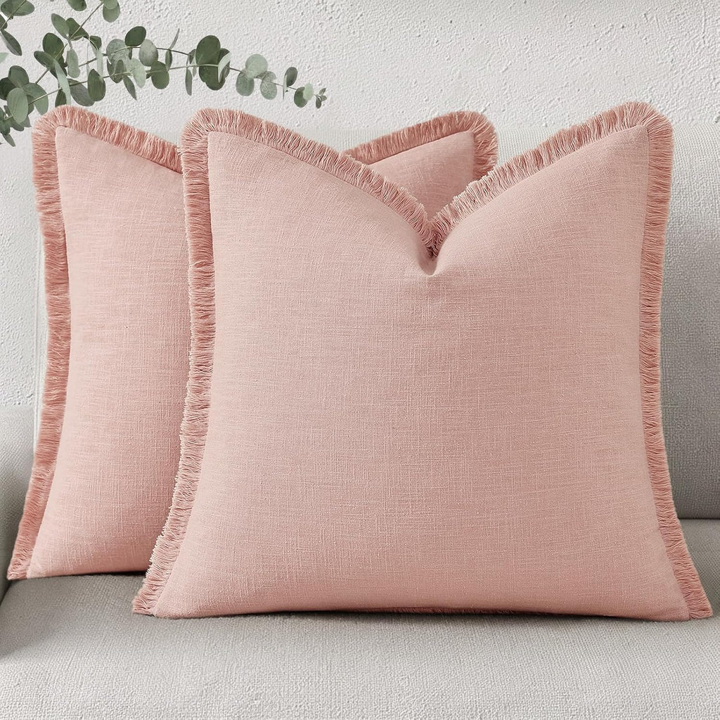 decorUhome Summer Decorative Neutral Linen Fringe Throw Pillow Covers Set of 2 Pink Pillow Covers with Tassels Soft Farmhouse Boho Accent P…