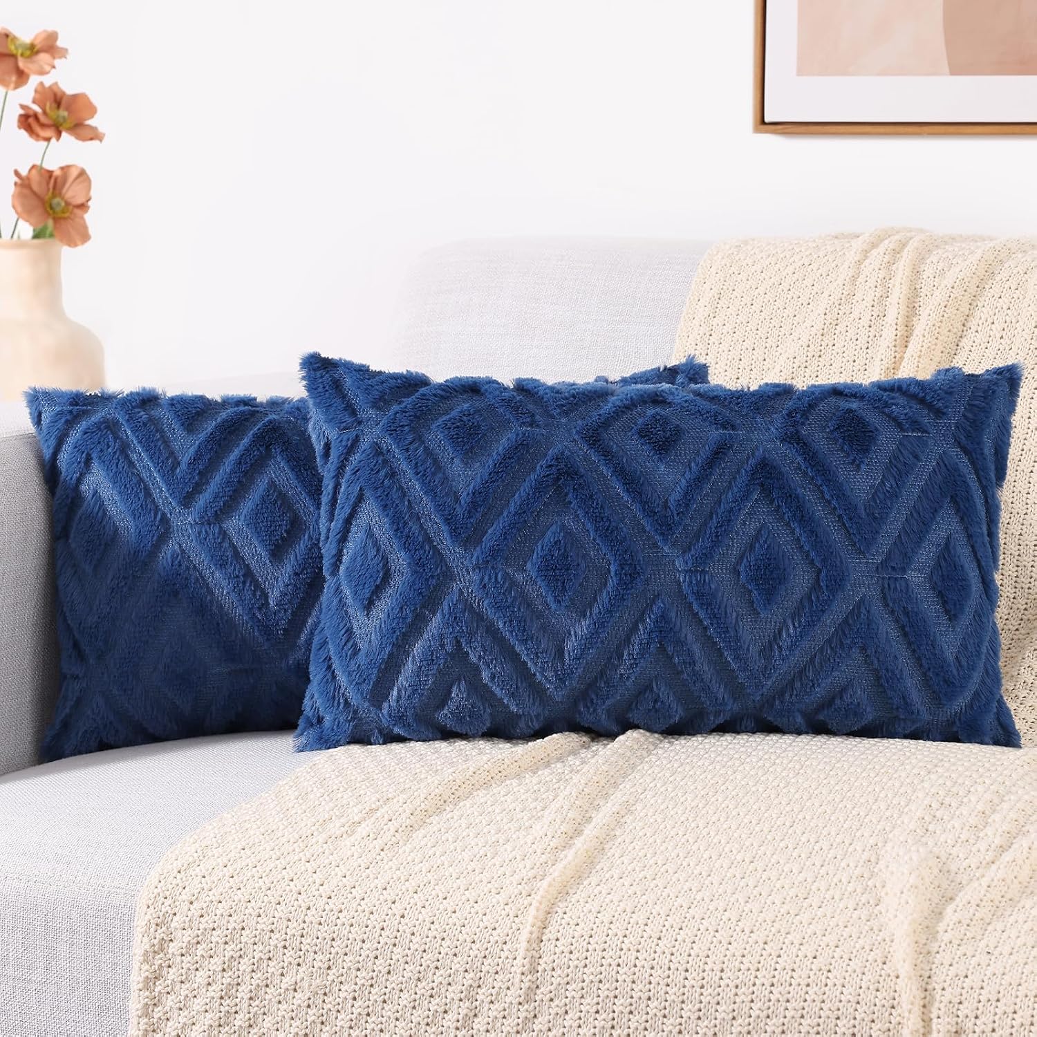 decorUhome Summer Couch Throw Pillow Covers 12x20 Set of 2, Decorative Soft Plush Faux Fur Wool Lumbar Accent Pillow Covers for Modern Farm…
