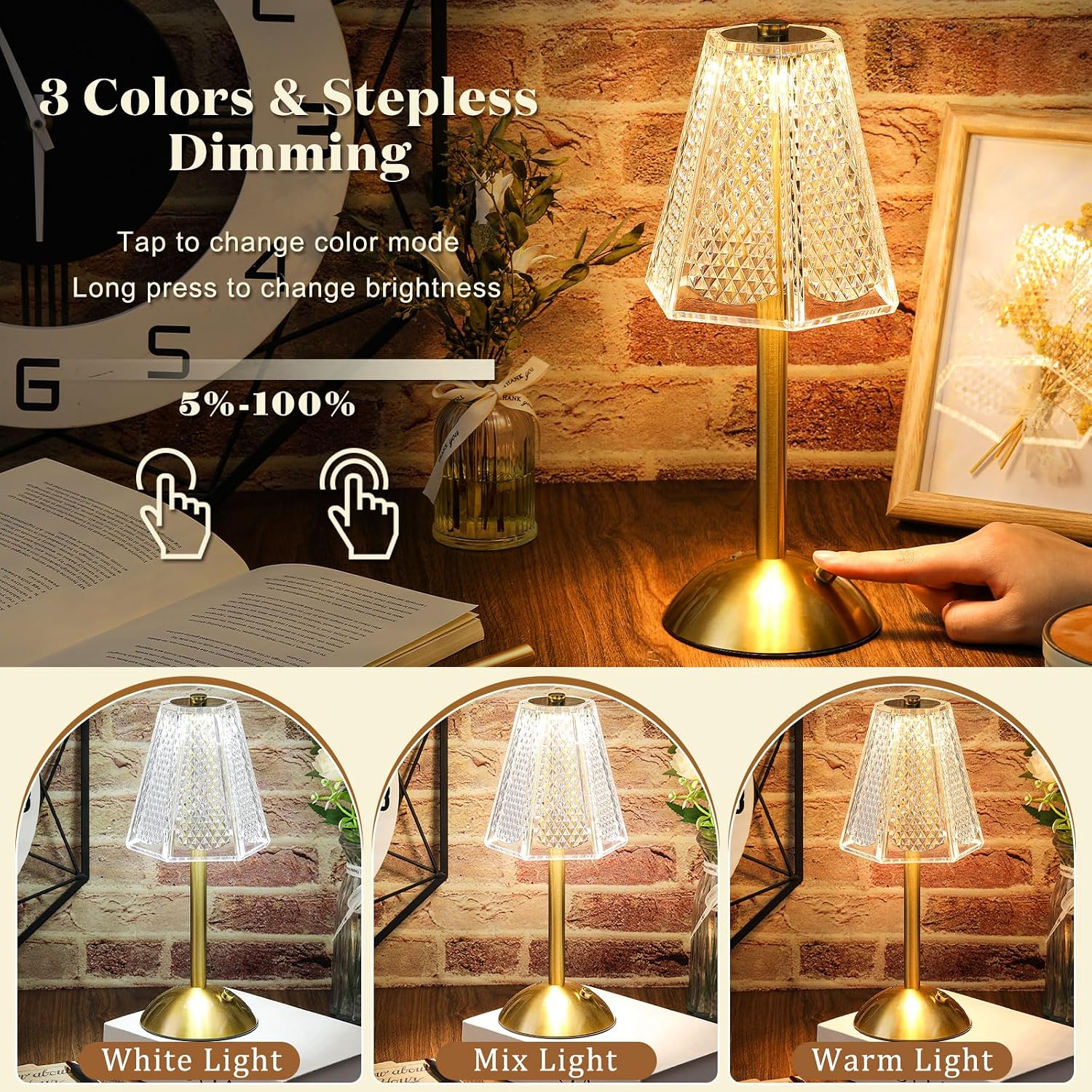 Liliful 2 Pcs Cordless Table Lamp Rechargeable Touch LED Small Gold Portable Battery Operated USB-c Desk Lamp 3 Color Dimmable for…