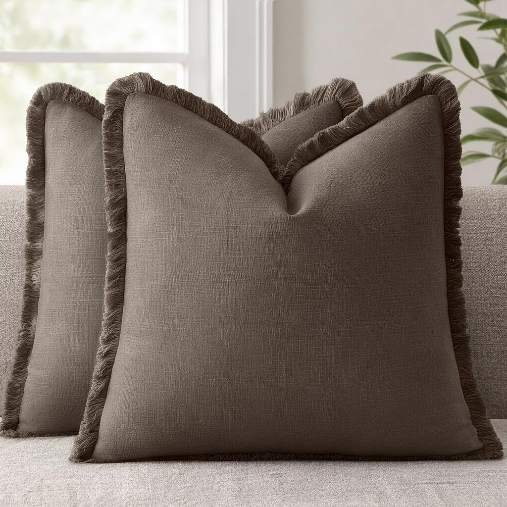 Anroduo Set of 2 Decorative Throw Pillow Covers 24×24 Inch Soft Linen Fringe Farmhouse Boho Vintage Cushion Covers with Tassels Accent Pill…