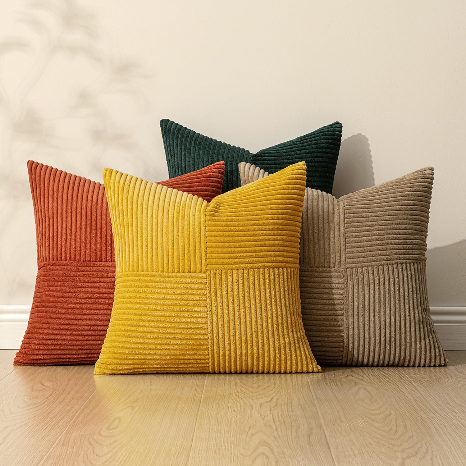Miulee Green Rust Throw Pillow Covers 20x20 Inch Set of 4 Boho Farmhouse Soft Corduroy Striped Cushion Cases Decorative Color-Clash Home De…