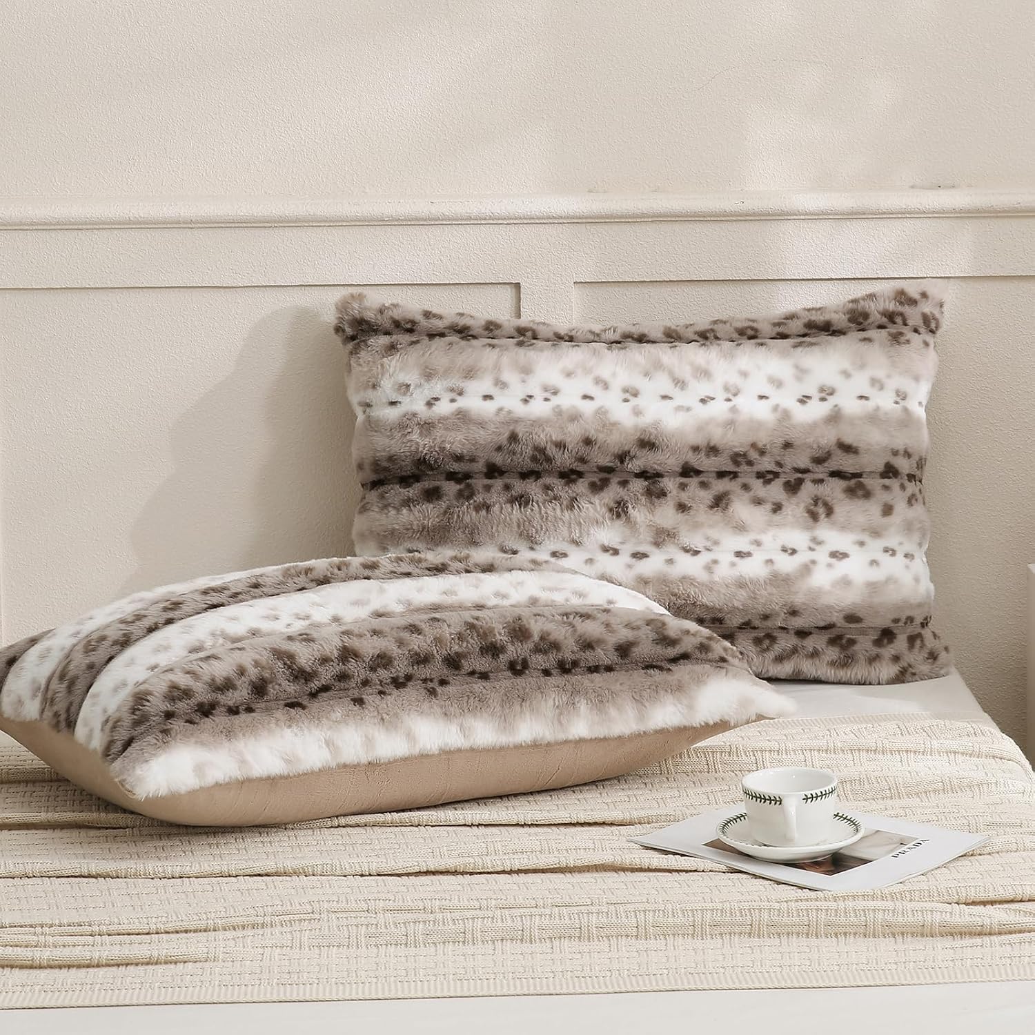 Chumerry Fuzzy Faux Fur Pillow Case Plush Shaggy Pillow Cover Plaid Check Texture Extra Soft Fluffy Faux Rabbit Fur Fabric Brown Decorative…