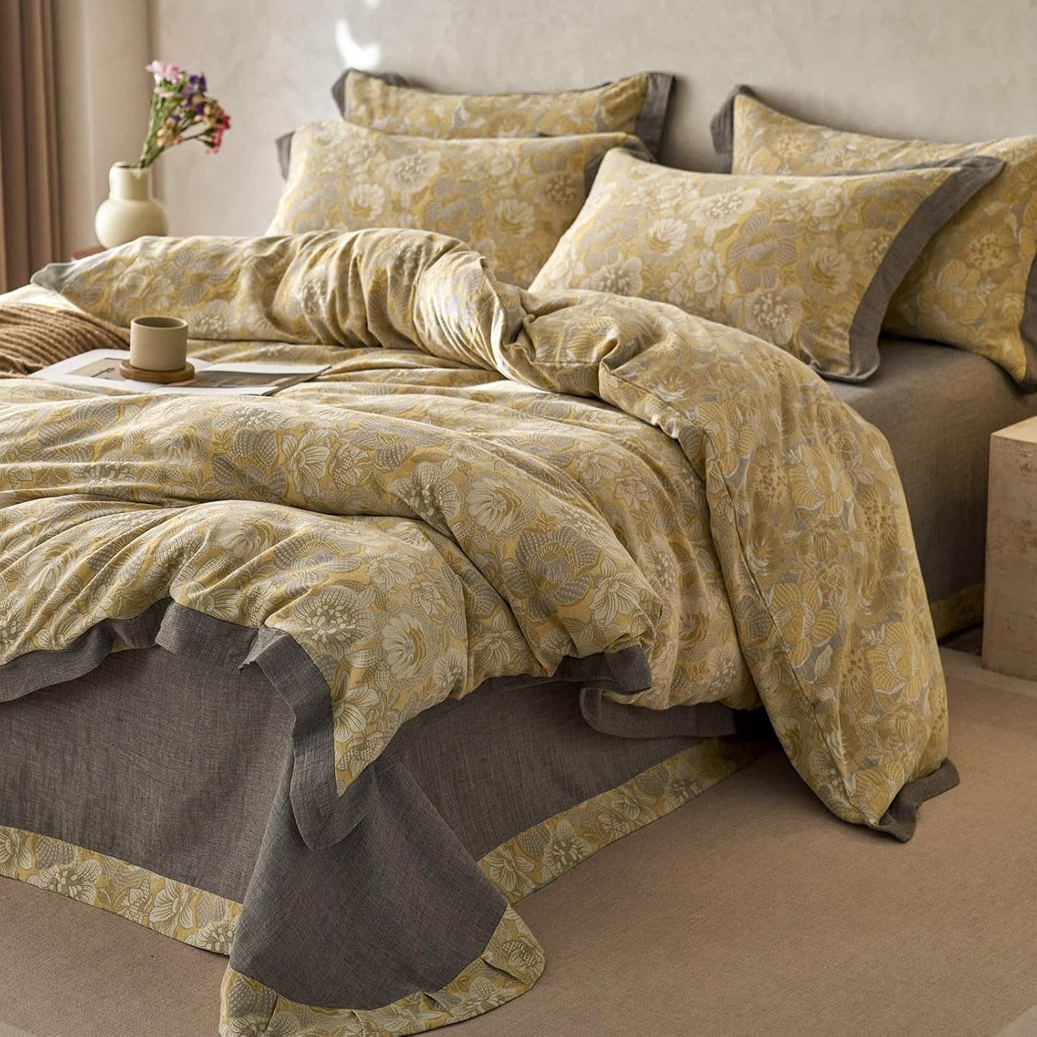 mixinni Duvet Cover King, Cotton Double-Layer Yarn Golden Floral Jacquard Reversible Grey Comforter Cover with Edge Design, Farmhouse Beddi…