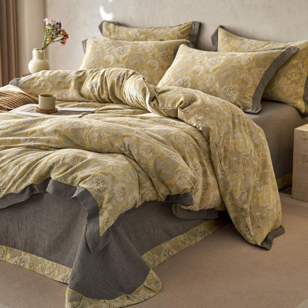 mixinni Duvet Cover Queen, Cotton Double-Layer Yarn Golden Floral Jacquard Reversible Grey Comforter Cover with Edge Design, Farmhouse Bedd…