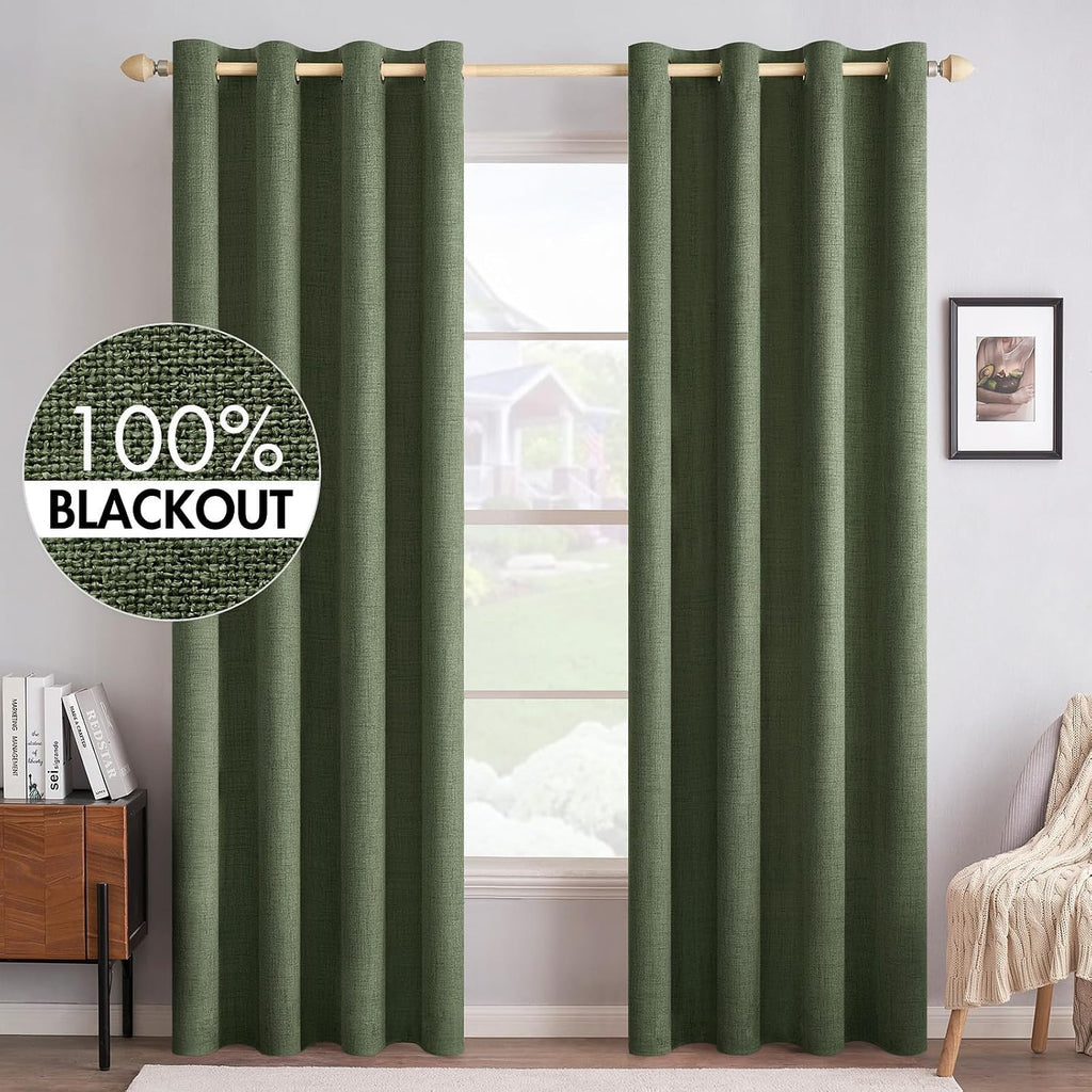 Miulee 100% Blackout Linen Textured Curtains for Bedroom Solid Thermal Insulated Olive Green Grommet Room Darkening Curtains & Drapes Luxur…