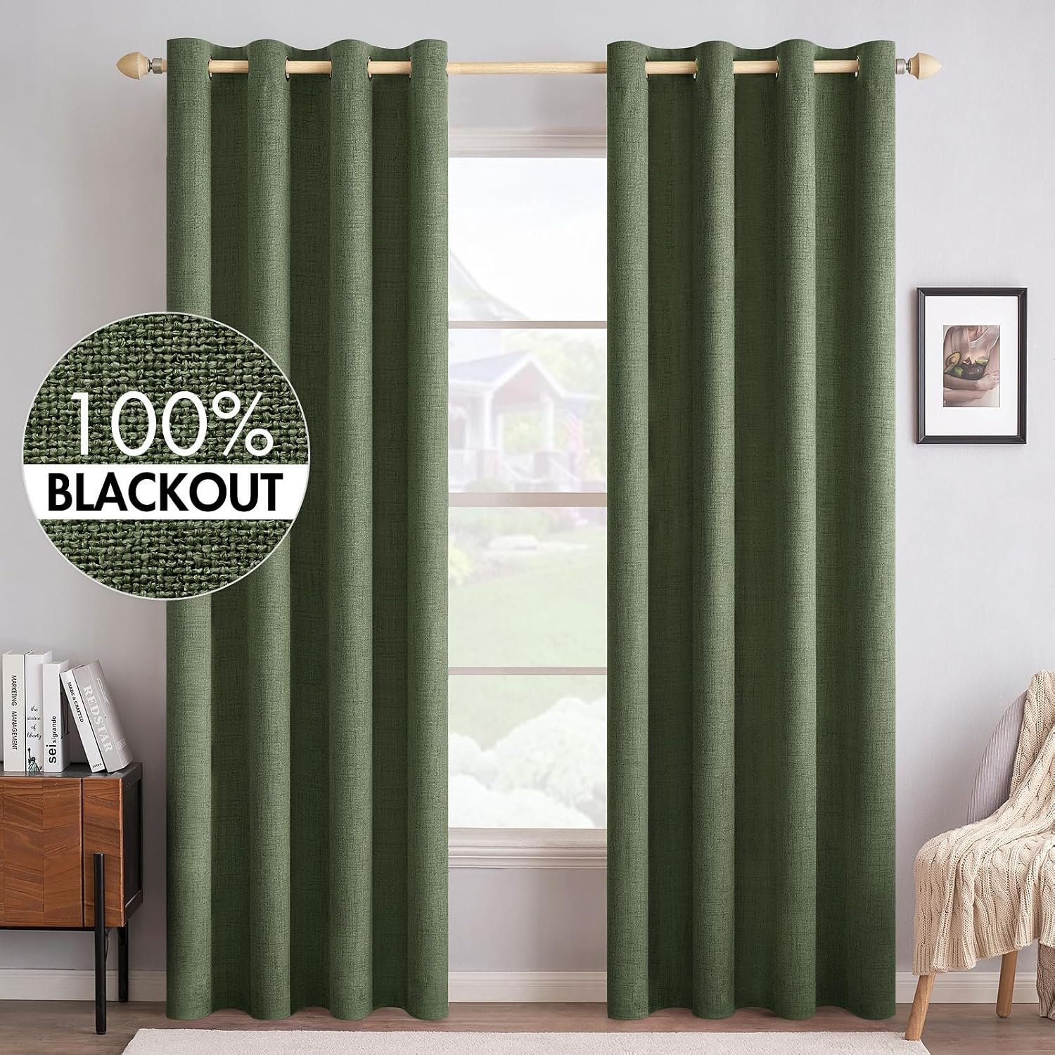 Miulee 100% Blackout Linen Textured Curtains for Bedroom Solid Thermal Insulated Olive Green Grommet Room Darkening Curtains & Drapes Luxur…