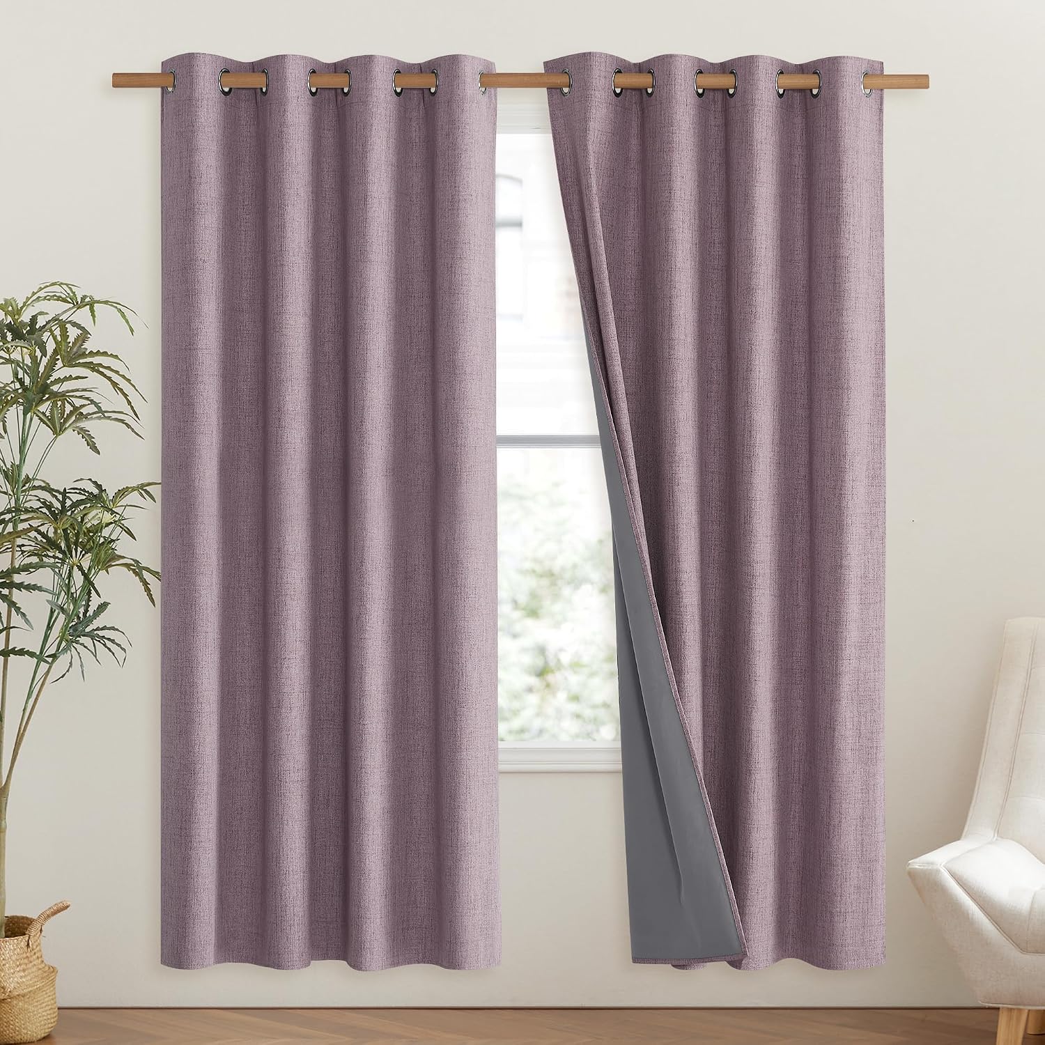 NICETOWN Chaise Mauve Vintage Linen 100% Blackout Curtains for Living Room, Thermal Insulated Curtains 72" Long, Noise Reducing Window…