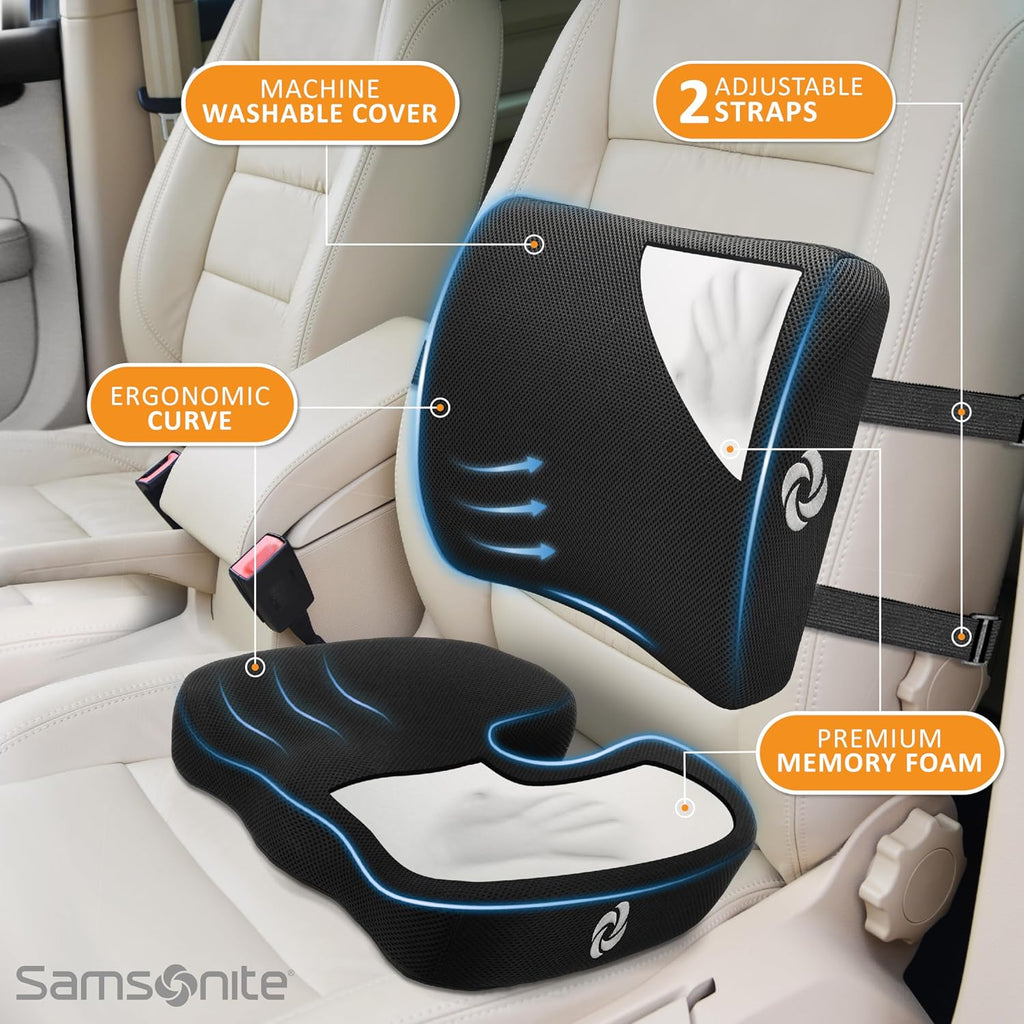 Samsonite Ergonomic Seat Cushion and Lumbar Support Cushion Combo, Memory Foam Office Chair for Back Support, Car Seat and Wheelchair…
