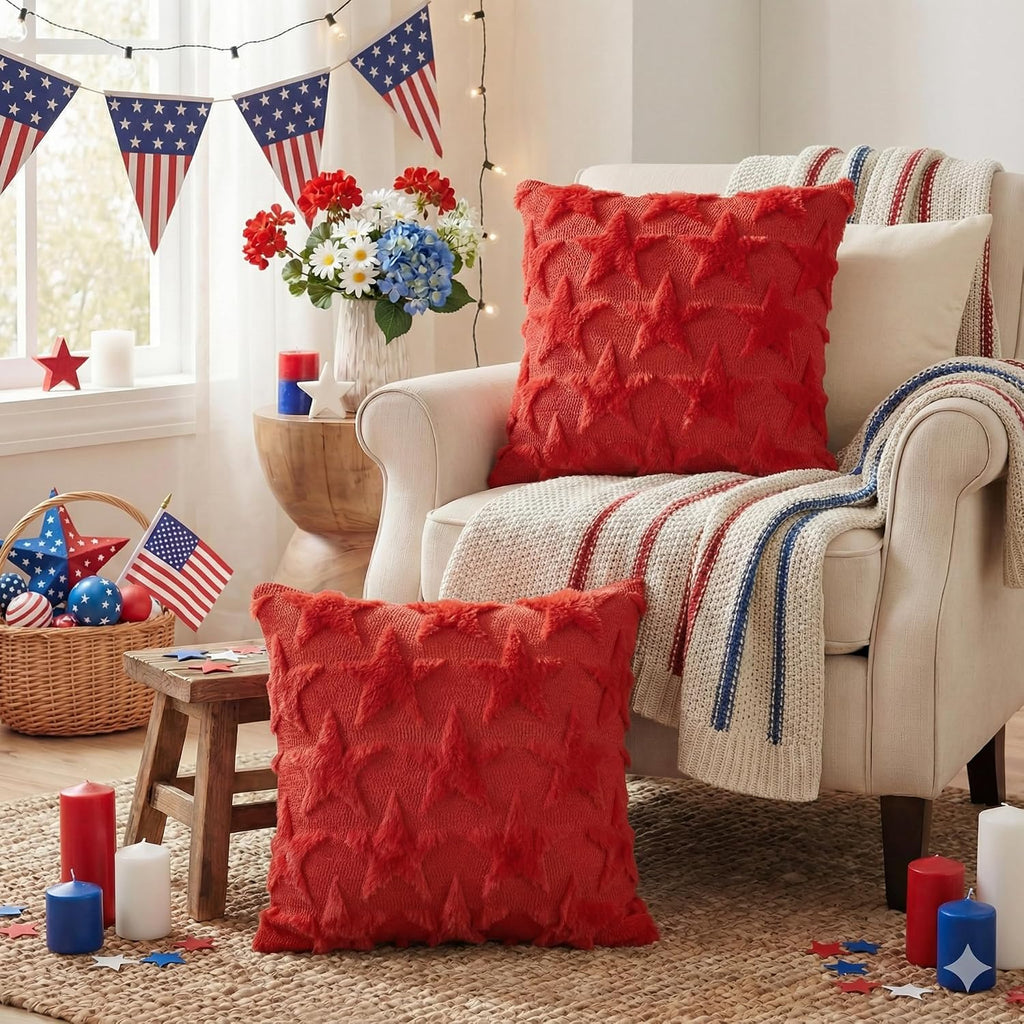 AVOIN colorlife 4th of July Stars Red Patriotic Throw Pillow Covers, 20 x 20 Inch Independence Memorial Day Soft Plush Faux Fur Jacquard…