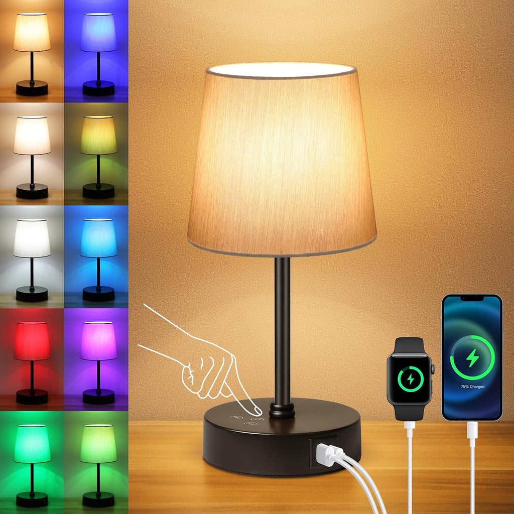 Ascher Small Bedside Table lamp, RGB Color Changing Lamps, 3 Color Temperatures Nightstand Lamps with USB C and A Ports, Touch Dimmable…