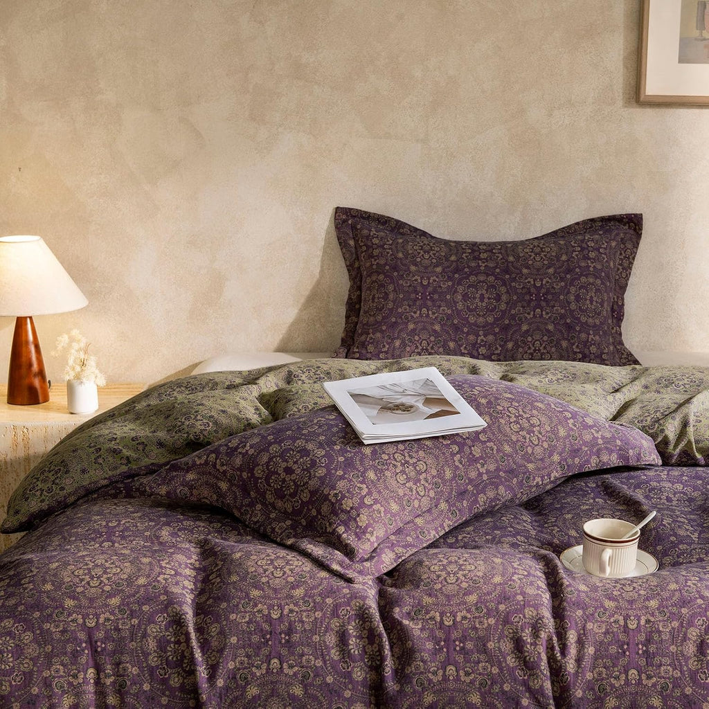 mixinni Purple Green Floral Duvet Cover King Size, Elegant Double-Layer Yarn Cotton Vintage Duvet Cover Set, Exquisite Jacquard Design Bedd…