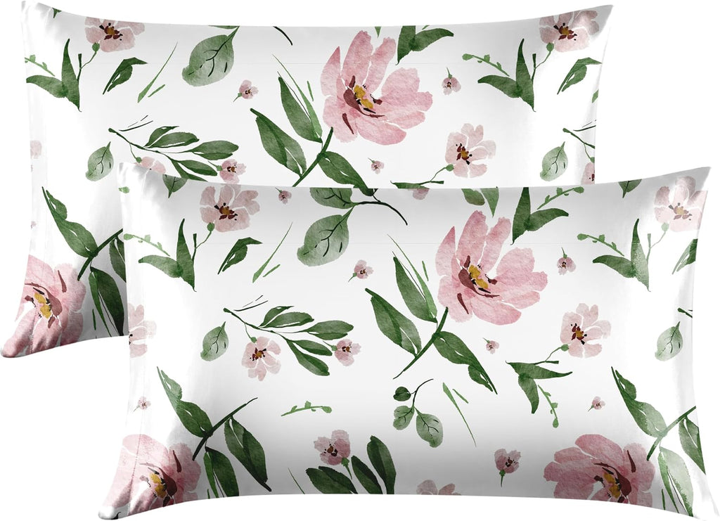 EXQ Home Satin Pillowcase for Hair and Skin Queen - Printed Pink Bloom Silk Pillow Cases 2 Pack 20x30 inches - Satin Pillow Cases Set of…