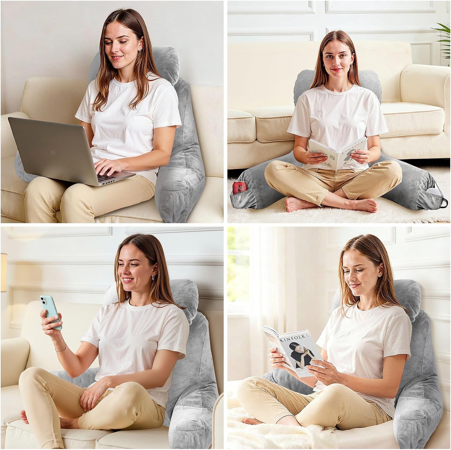 OAISZ Reading Pillow for Sitting in Bed Adult, Reading Pillow with Shredded Memory Foam (LightGery, Extra Large 25" H)