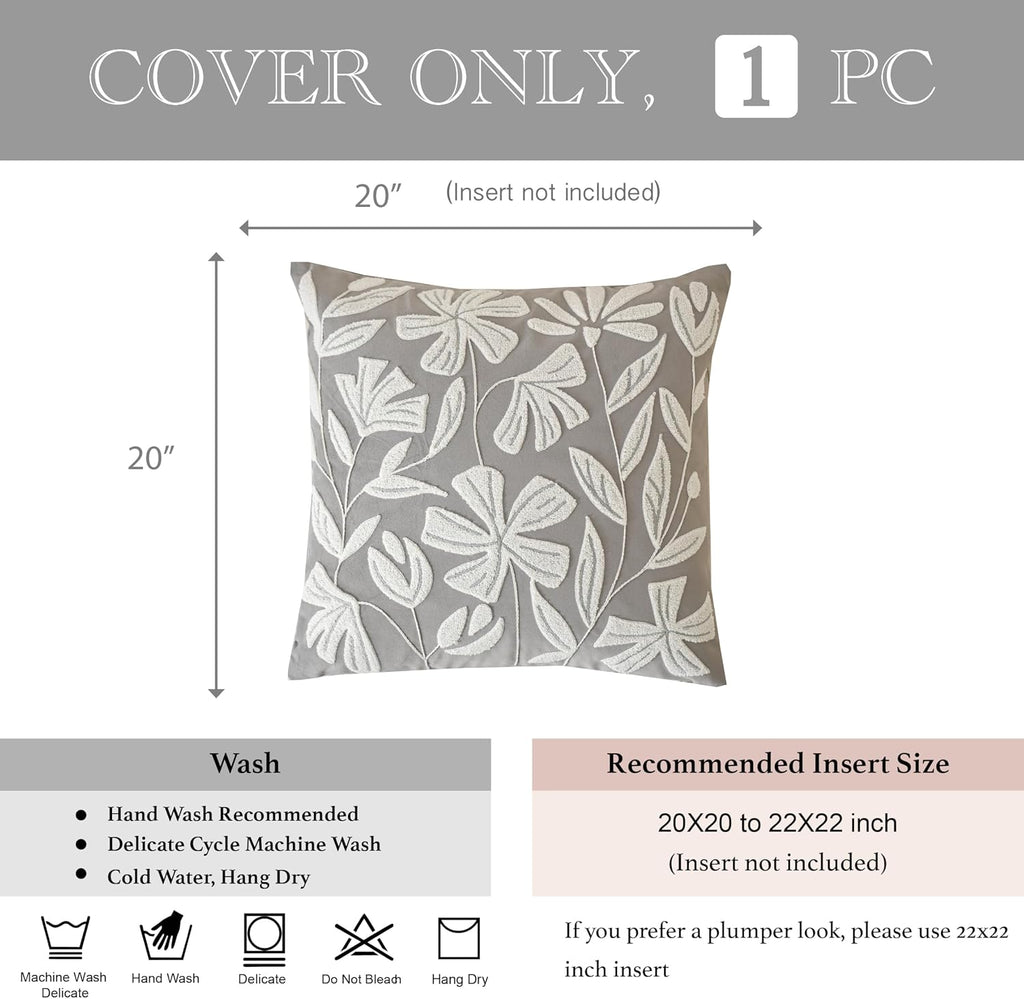 BlissBlush Gray Floral Pillow Cover 20x20 Inch, Velvet Square Throw Pillow Cover Soft Decorative Farmhouse Accent Couch Pillow Cover for…