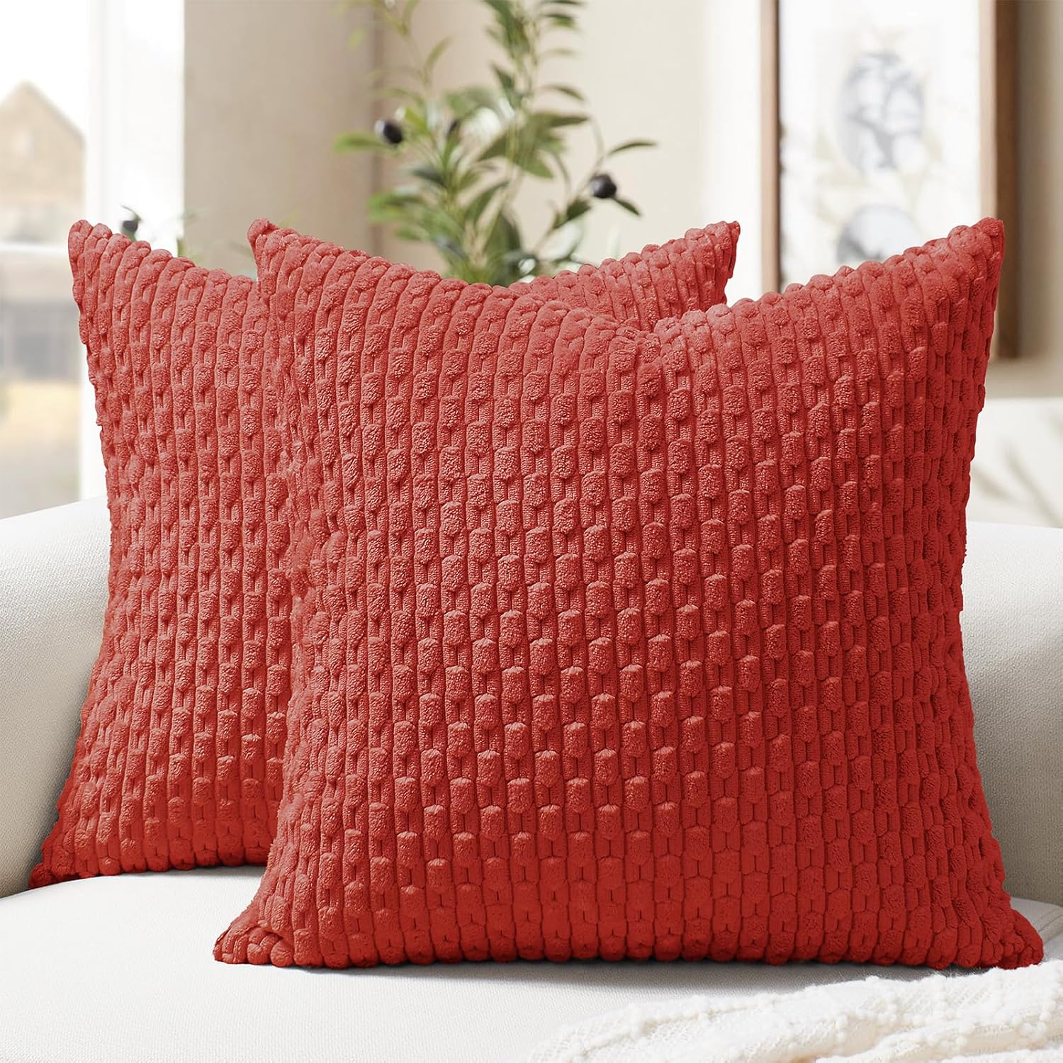 Softalker Throw Pillow Covers 18x18 Inch, Set of 2, Soft Corduroy Boho Stripe Decorative Pillow Cover, Couch Fluffy Pillow Cover for…