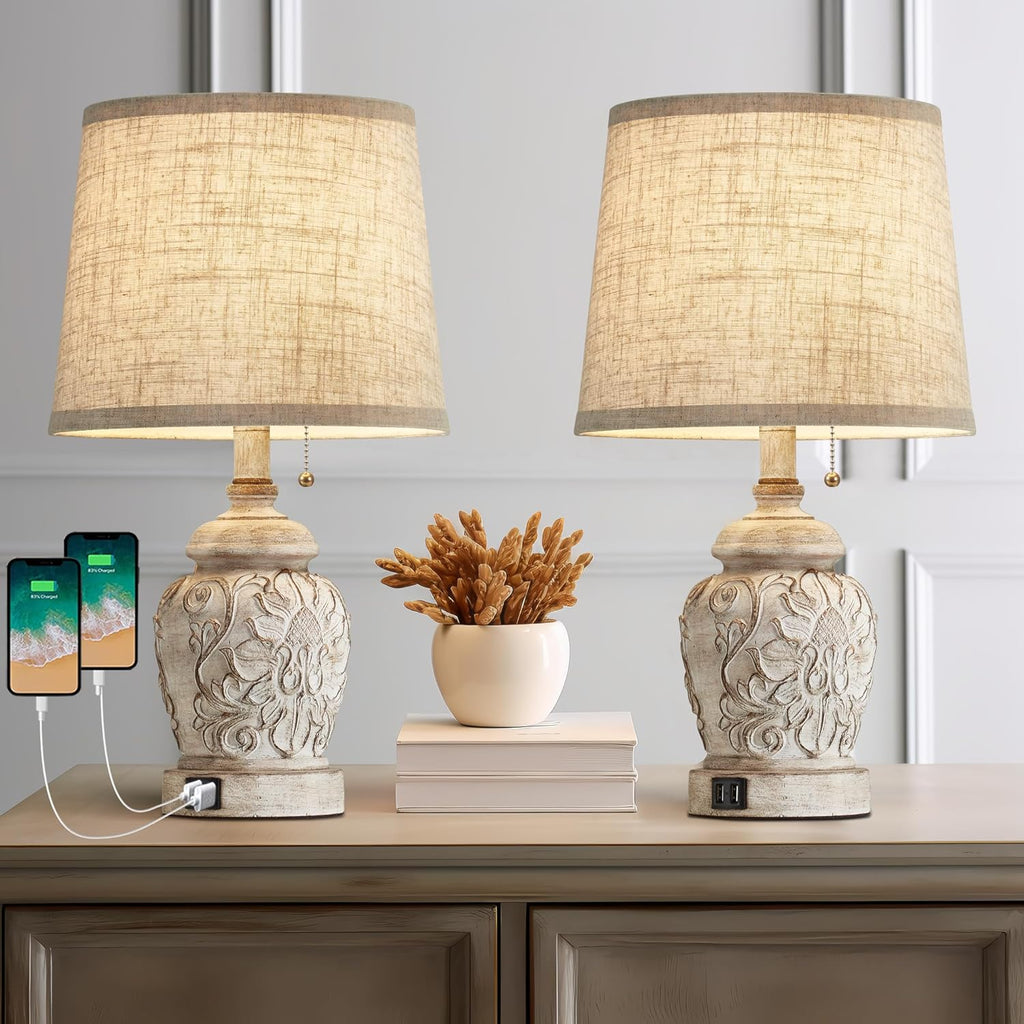 19.5" Vintage Rustic Table Lamp Set of 2 Farmhouse Table Lamps for Living Room Bedroom Decor with USB Ports Traditional Carved Floral…
