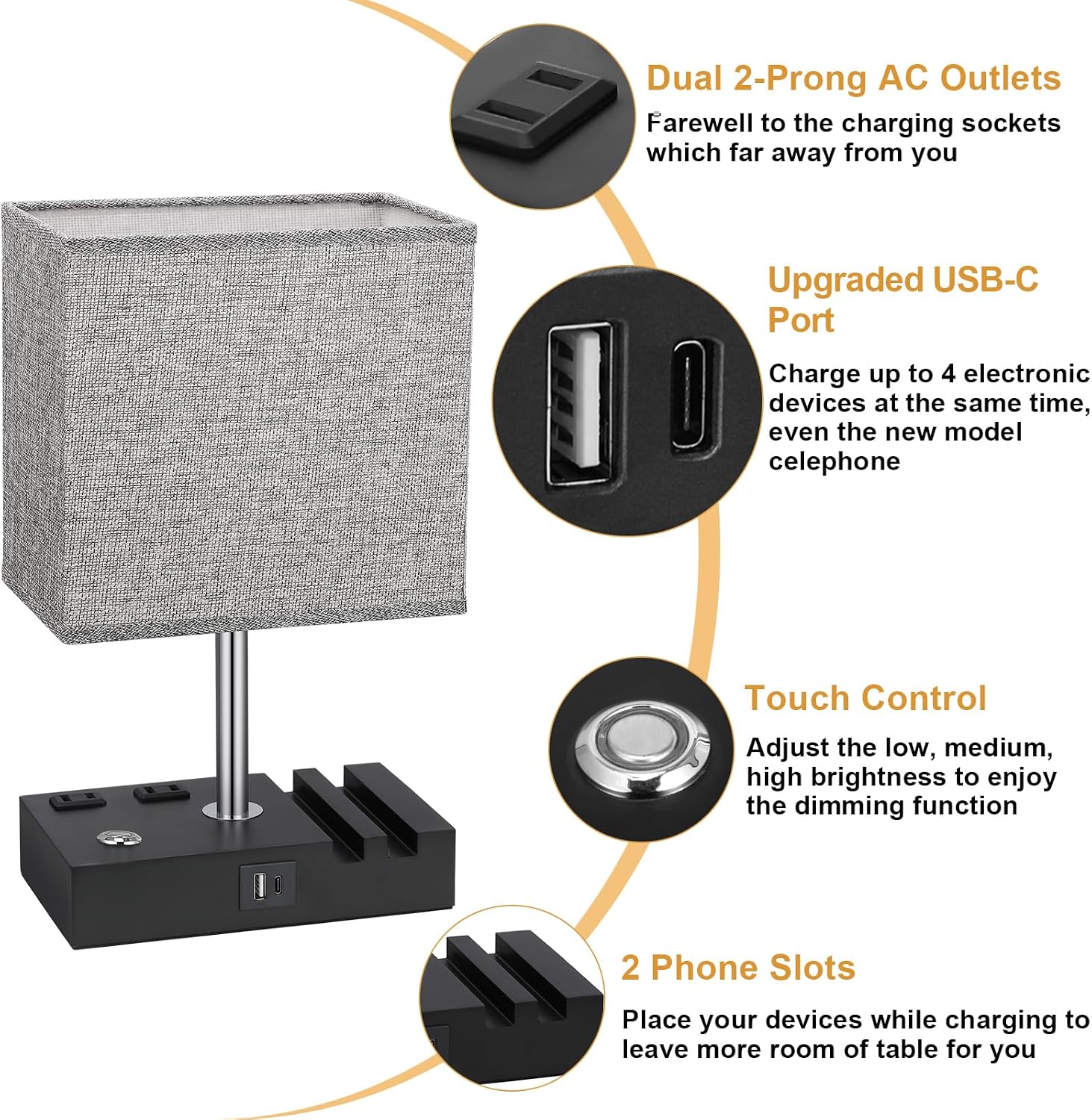 Kakanuo Nightstand Lamp for Bedroom with Dual USB Ports, Grey Touch Control Bedside Table Lamp with Charging Outlets and Phone Stands…