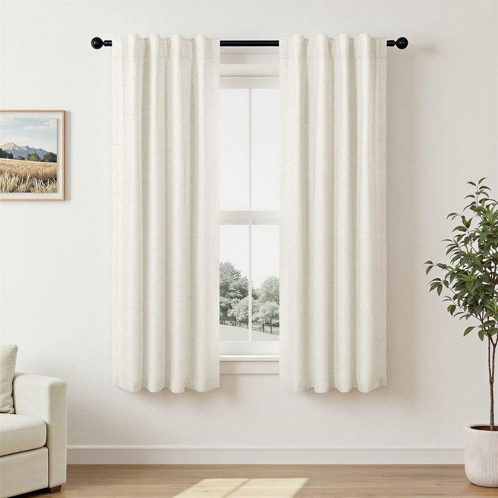 Pitalk 100% Blackout Cream Ivory Linen Curtains 48 Inches Long Linen Textured Living Room Kitchen Curtains Full Room Darkening Black Out Sh…