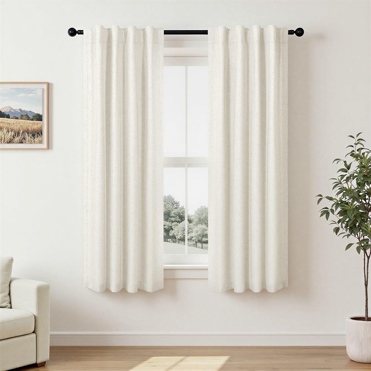 Pitalk 100% Blackout Cream Ivory Linen Curtains 48 Inches Long Linen Textured Living Room Kitchen Curtains Full Room Darkening Black Out Sh…