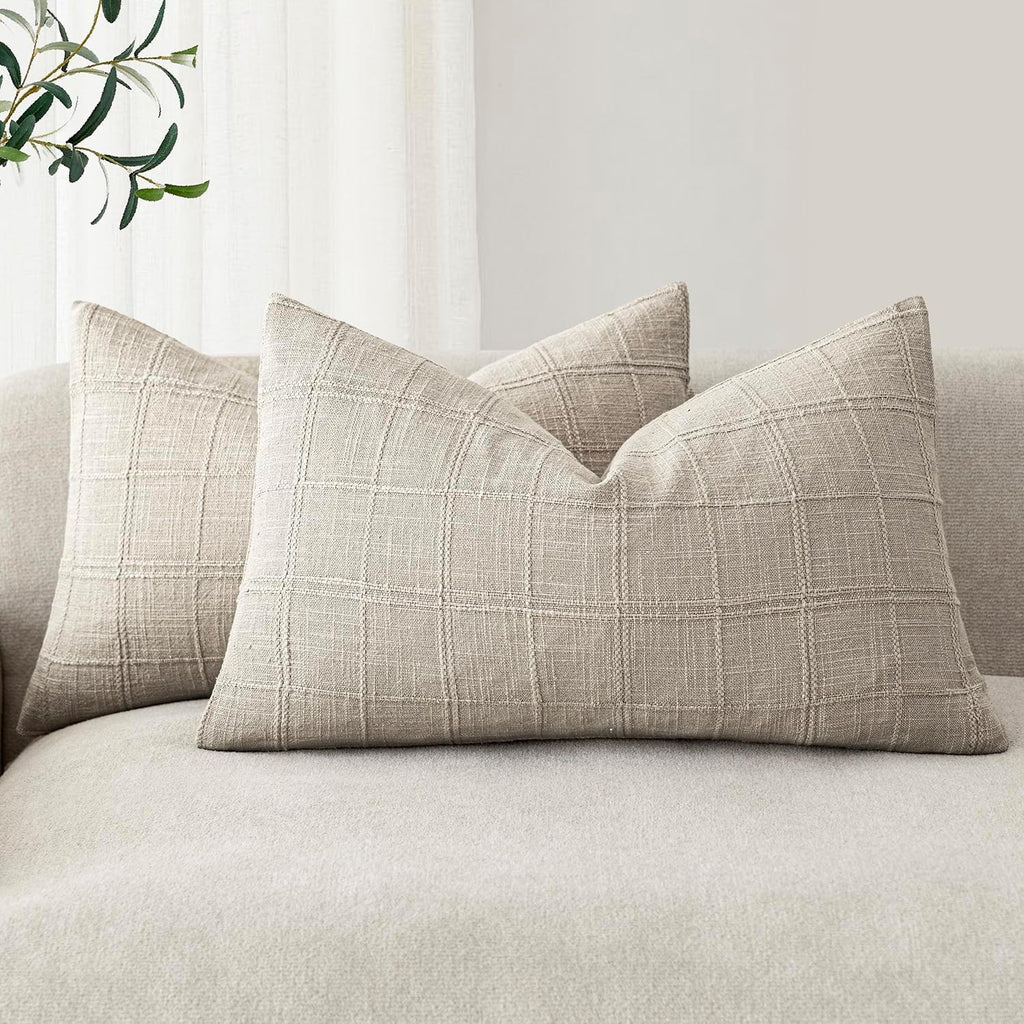 Foindtower Set of 2 Decorative Linen Check Throw Pillow Covers Neutral Farmhouse Lumbar Cushion Covers Modern Coastal Boho Home Decor for…