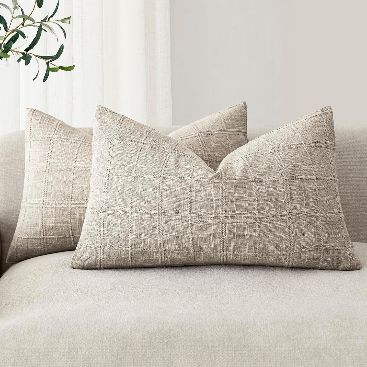 Foindtower Set of 2 Decorative Linen Check Throw Pillow Covers Neutral Farmhouse Lumbar Cushion Covers Modern Coastal Boho Home Decor for…