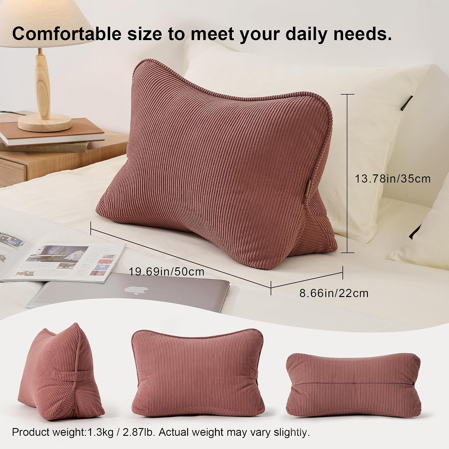 Pat. Pend. Corduroy Back Pillow for Sitting Up & Reading, Ergonomic Triangle Lumbar Support Cushion for Sofa, Armchair & Bed, Removable…