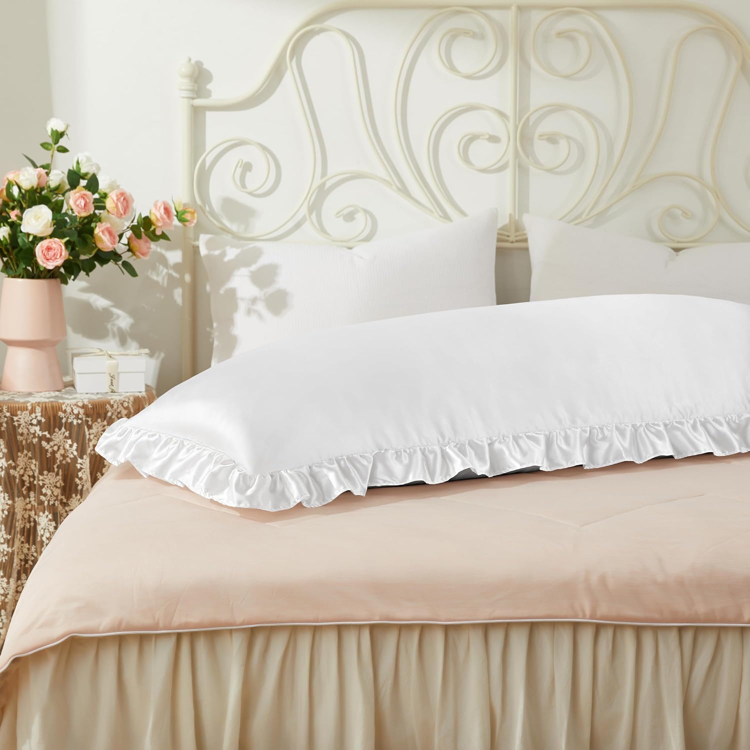 HommxJF White Satin Pillowcases Body Pillow for Hair and Skin, White Body Pillow Silk Pillowcase with Envelope Closure Princess Room Decorat…