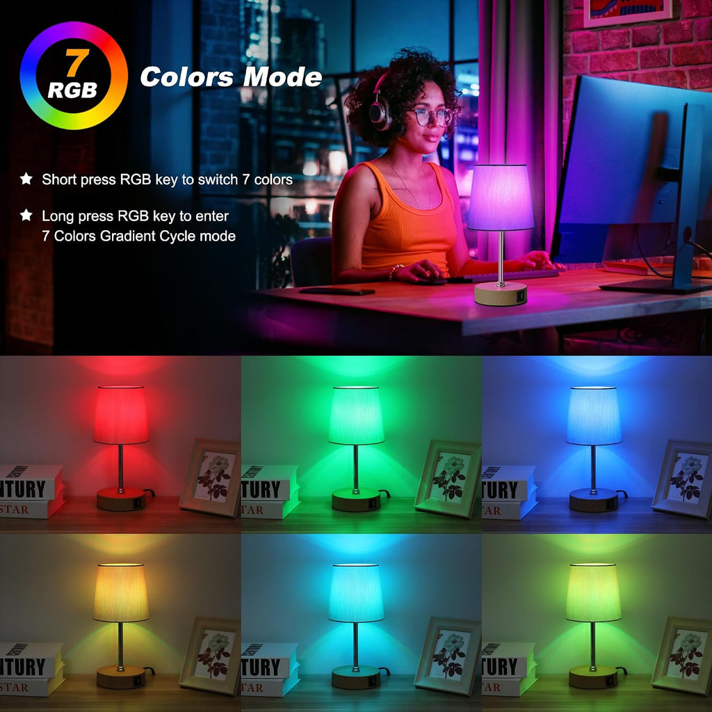 Ascher Small Bedside Table lamp Set of 2, RGB Color Changing Lamps, 3 Color Temperatures, Stepless Dimmable, Nightstand Lamp with USB C+A…