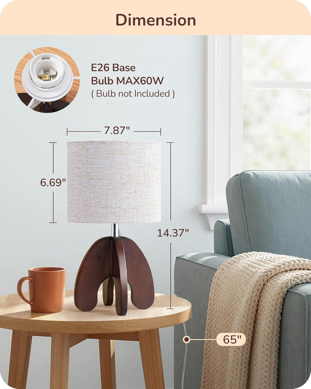 EDISHINE 14.17" Small Table Lamp, Integrated Four-Legged Wooden Bedside Lamp Base, Beige Linen Lampshade, E26, Modern Nightstand Lamp for…