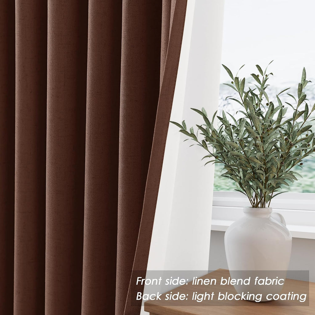 Nanspring Rustic Brown 100% Blackout Linen Curtains for Bedroom 102 Inches Long Back Tab Thermal Insulated Rustic Farmhouse Decor Black Out…
