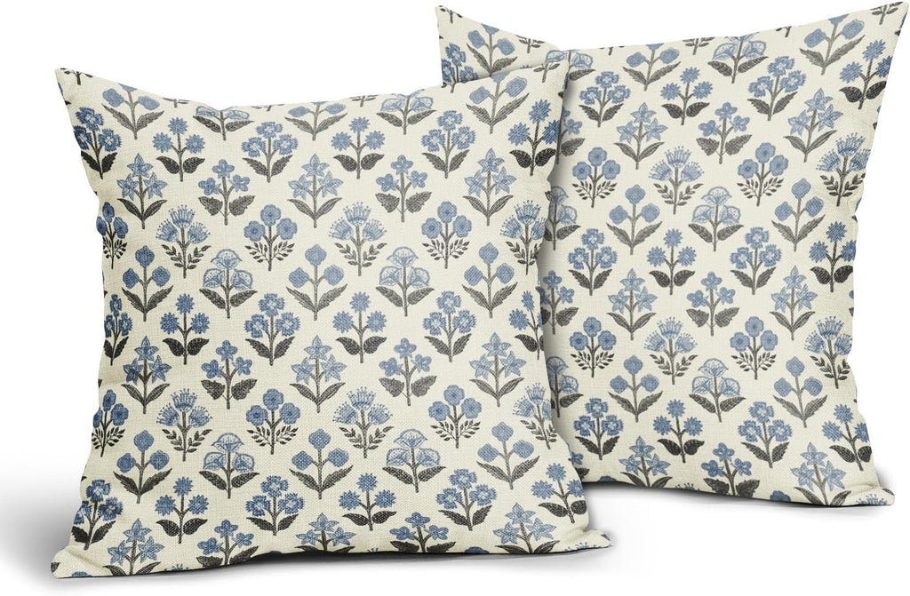 Black Blue Floral Block Print Pillow Covers 20x20 Inch Set of 2, Vintage Flower Pattern Spring Summer Decorative Throw Pillowcases…