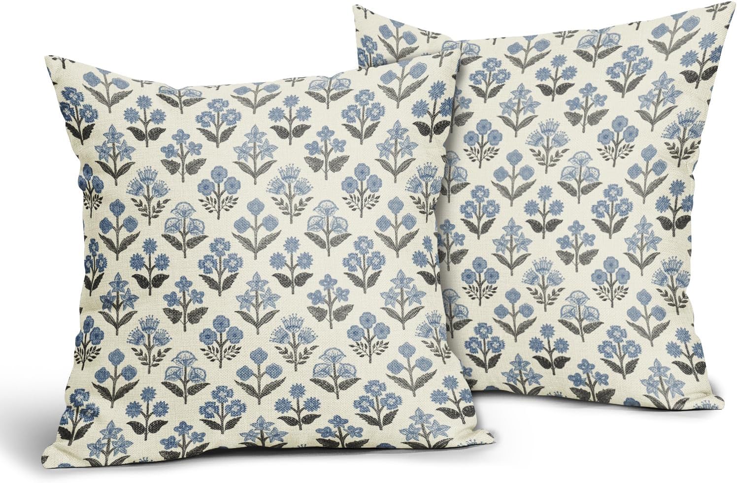 Black Blue Floral Block Print Pillow Covers 18x18 Inch Set of 2, Vintage Flower Pattern Spring Summer Decorative Throw Pillowcases…