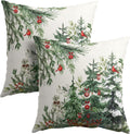 Granbey Green Christmas Tree Throw Pillow Covers 24x24 Inch Set of 2 Winter Pine Trees Red Berry Bells Birds Decorative Pillowcase Xmas Hol…
