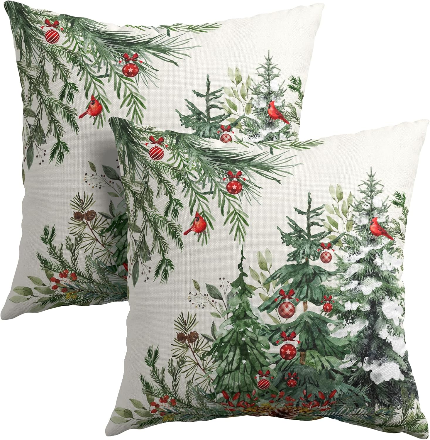 Granbey Green Christmas Tree Throw Pillow Covers 16x16 Inch Set of 2 Winter Pine Trees Red Berry Bells Birds Decorative Pillowcase Xmas Hol…