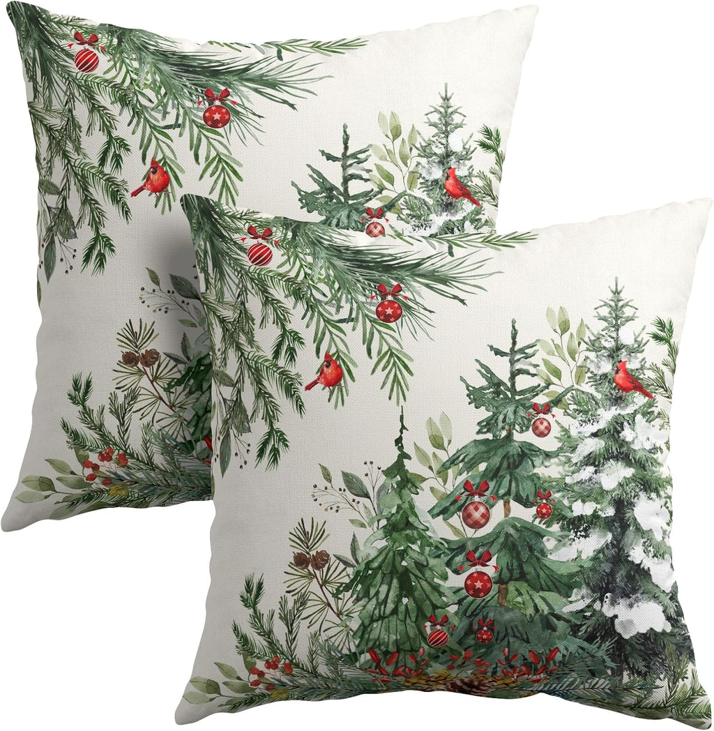 Granbey Green Christmas Tree Throw Pillow Covers 22x22 Inch Set of 2 Winter Pine Trees Red Berry Bells Birds Decorative Pillowcase Xmas Hol…