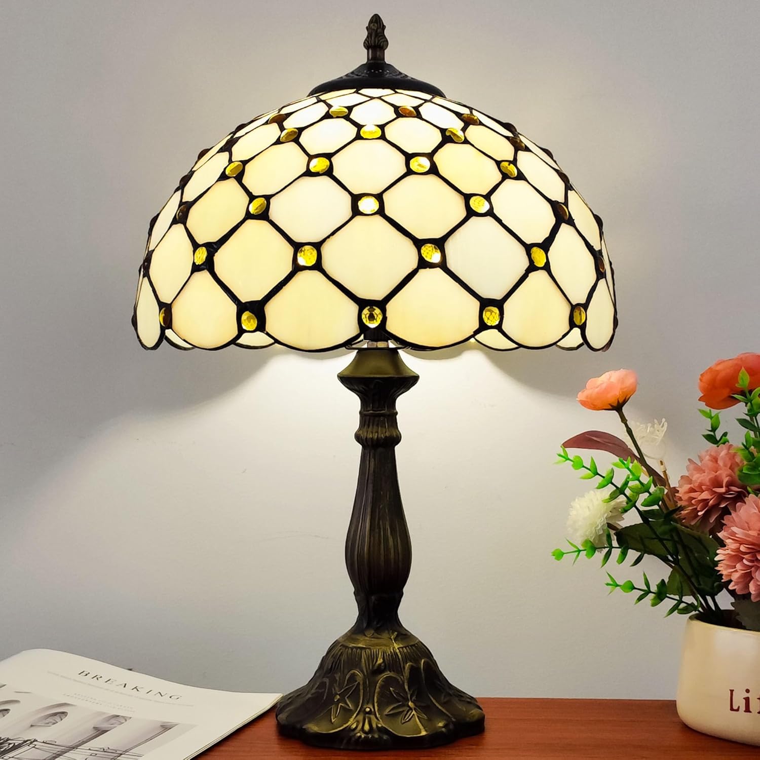 Tiffany Lamp Stained Glass Table Lamp - Antique Bedside Desk Reading Light With 3-Way Color LED - Living Room Nightstand 12X12X19 Inches…