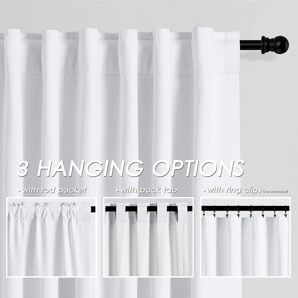 Nanspring White Linen 100% Blackout Curtains, 120 Inch Length 2 Panels Set Burg Extra Long 10 Ft Back Tab Pocket Drapes Cotton Textured Tot…