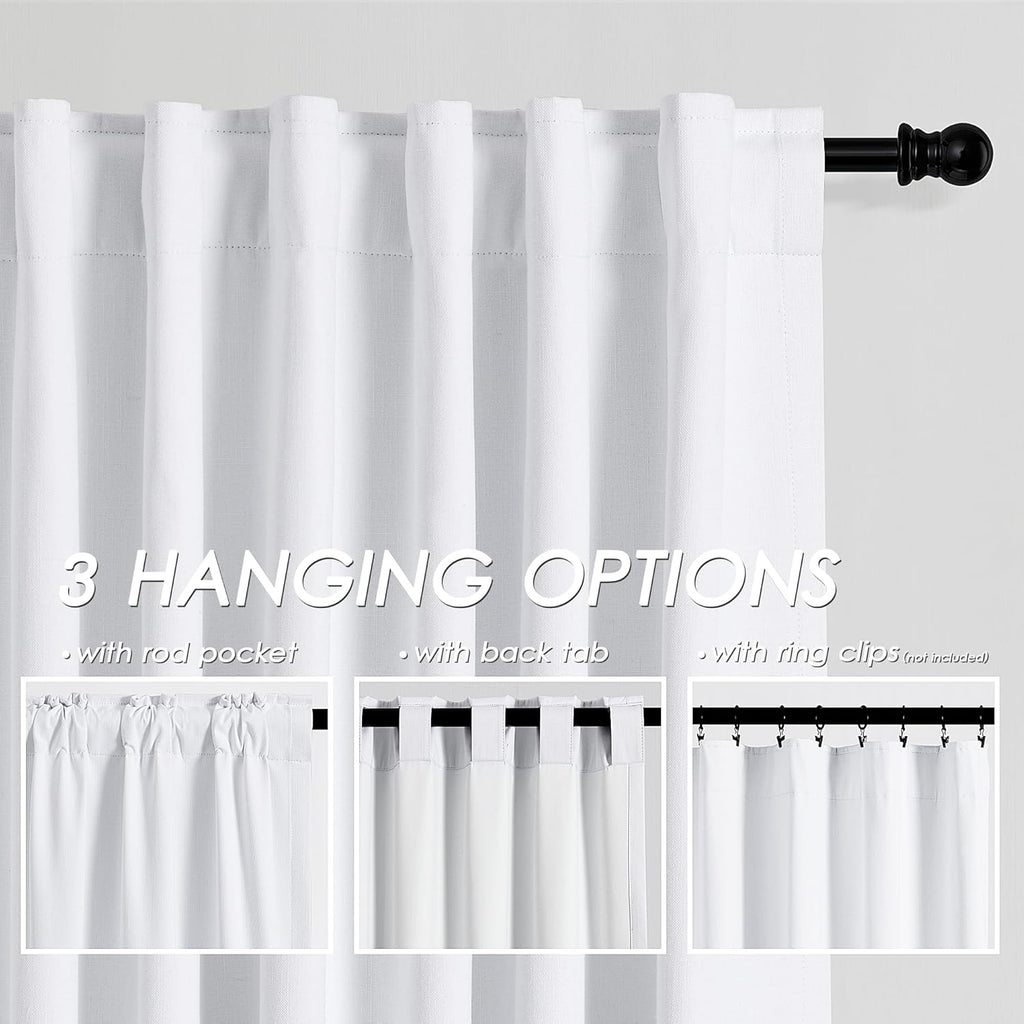 Nanspring White 100% Blackout Linen Curtains for Bedroom 132 Inches Long Back Tab Thermal Insulated Modern Farmhouse Decor Black Out Curtai…