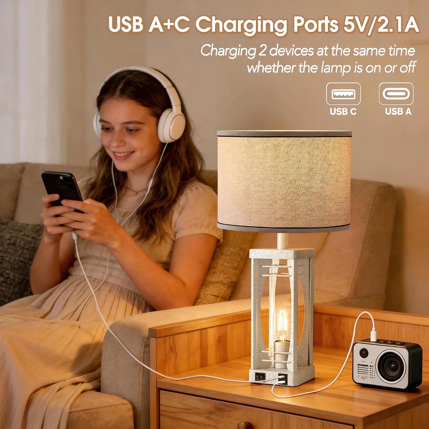 SRJJA Farmhouse Table Lamps Set of 2 for Living Room, Modern Industrial Bedside Lamps with USB A+C Charging Ports, 22.5" Dual Light…