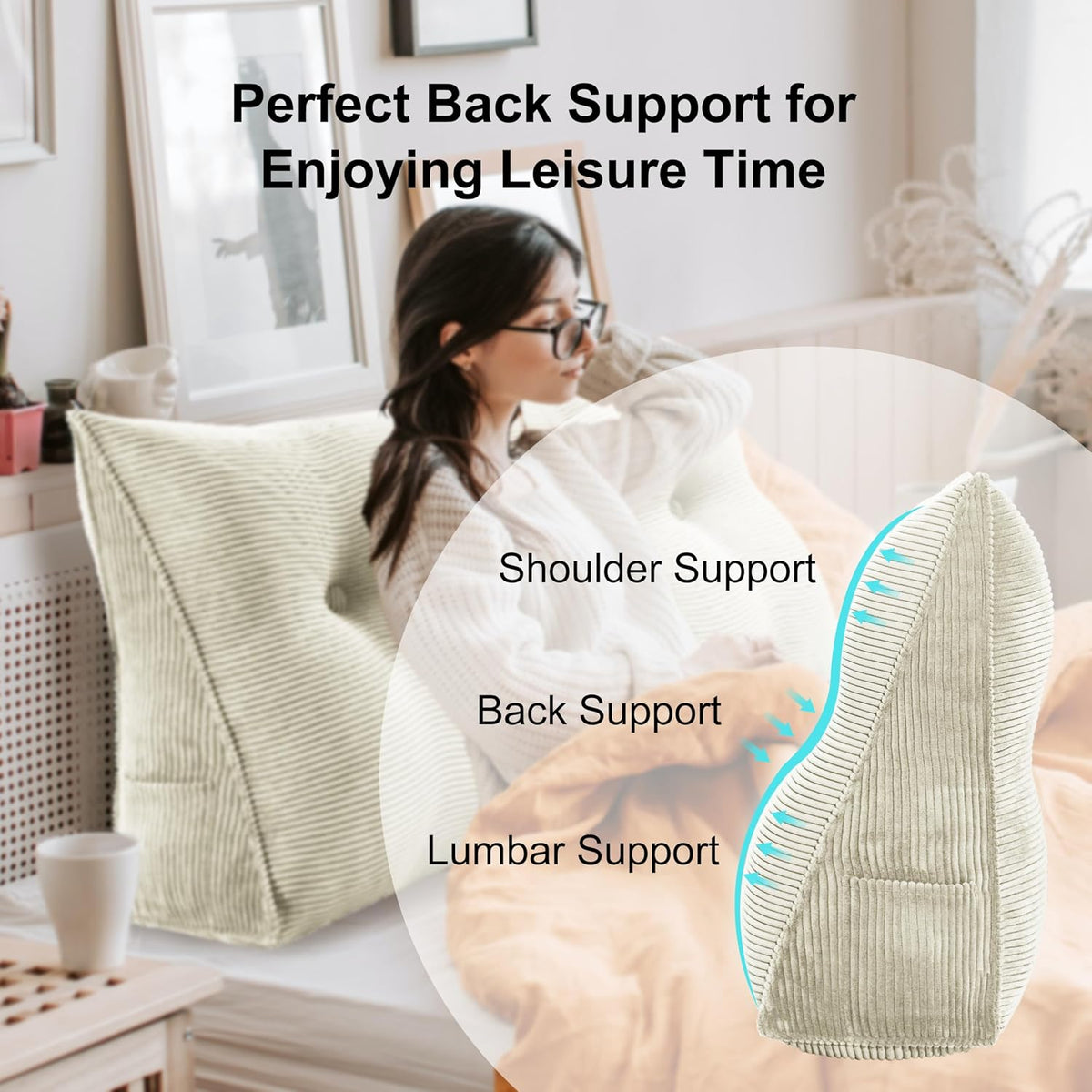 Wowmax 100% Cotton Corduroy Headboard Pillow – Twin Size Back Support Reading Wedge for Bed & Daybed, Plush Handmade Bolster Cushion with R…