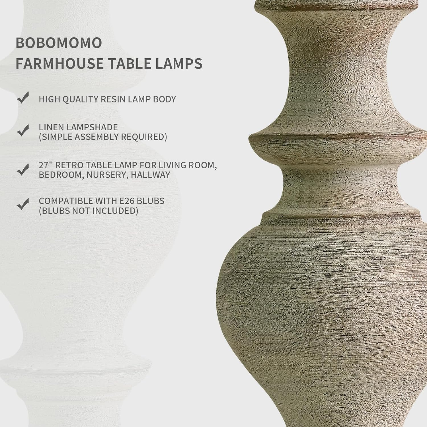 BOBOMOMO 27" Antique Gray Table Lamps Set of 2, Large Farmhouse Resin Lamps with Linen Shades, Vintage Gray Lamps for Living Room…