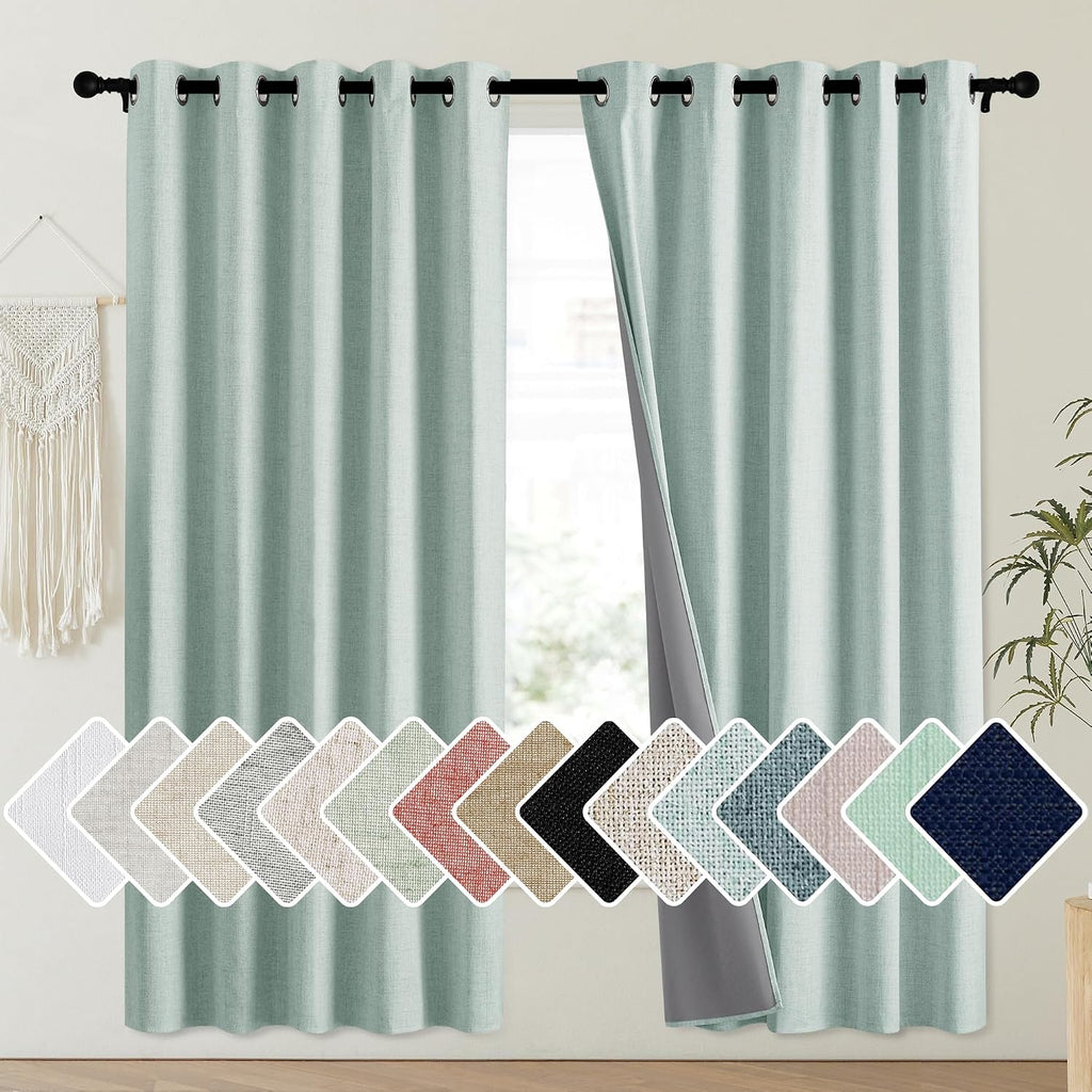 NICETOWN 100% Absolutely Blackout Linen Curtains with Thermal Insulated Liner, Seafoam Green, 62" Wide, 72" Length Energy Saving Curtains…