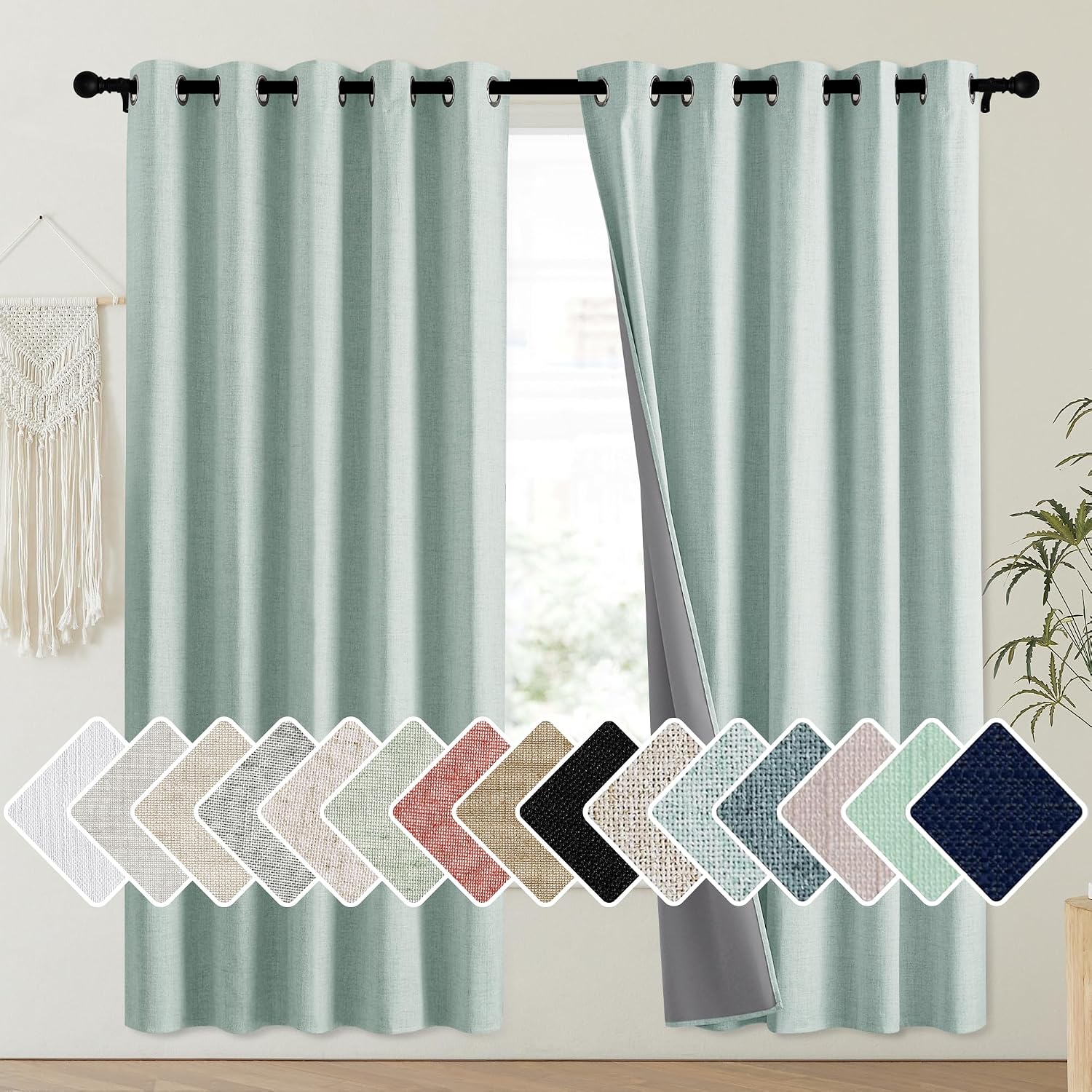 NICETOWN 100% Absolutely Blackout Linen Curtains with Thermal Insulated Liner, Seafoam Green, 62" Wide, 72" Length Energy Saving Curtains…